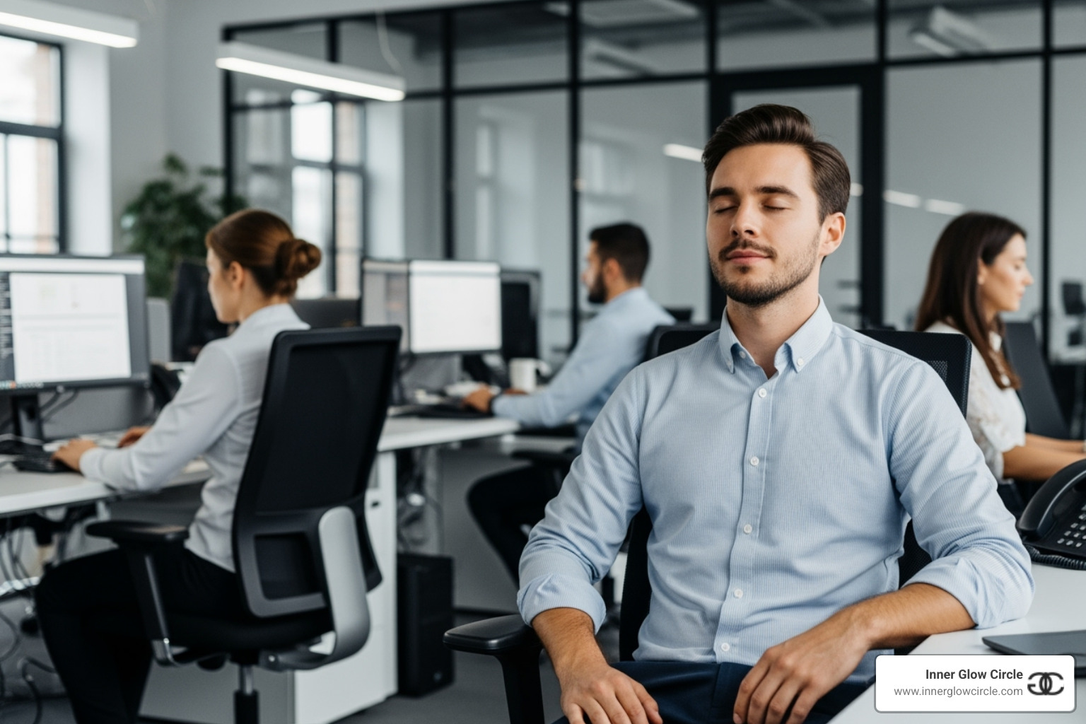 A person calmly meditating or reflecting in a busy office environment - Emotional intelligence coaching