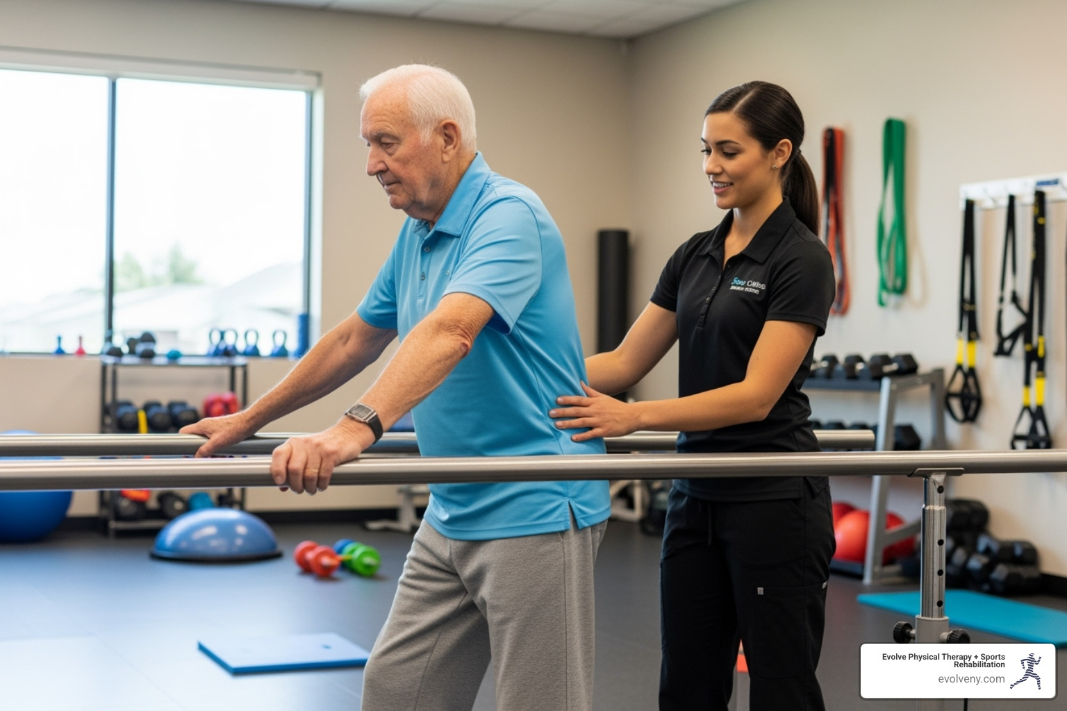 physical therapist guiding senior in balance exercise - fall prevention strategies
