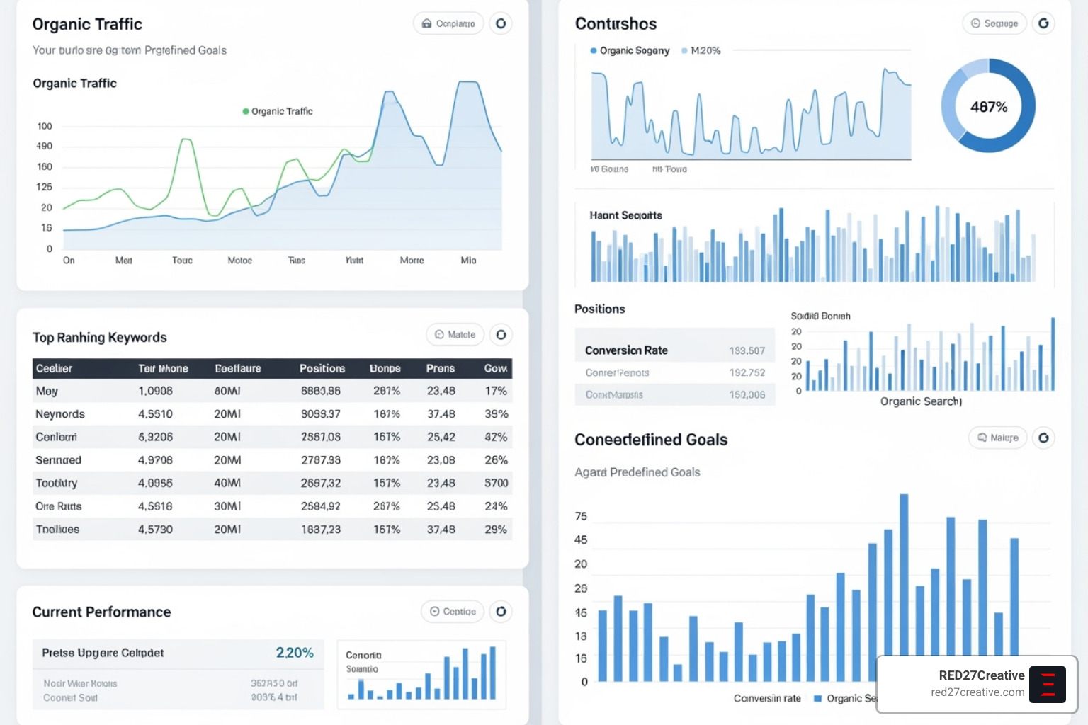 A detailed dashboard displaying various SEO metrics, including organic traffic trends over time, top-ranking keywords with their positions, conversion rates from organic search, and a comparison of current performance against set goals. - seo services in aurora A detailed dashboard displaying various SEO metrics, including organic traffic trends over time, top-ranking keywords with their positions, conversion rates from organic search, and a comparison of current performance against set goals. - seo services in aurora