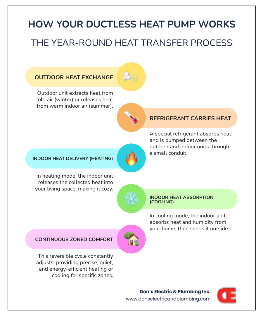 infographic showing heat pump operation: outdoor unit extracting heat from air in winter mode with arrows showing heat transfer into home through indoor unit; summer mode showing reverse process with heat being removed from home and released outside; labeled components include compressor, refrigerant lines, indoor air handler, and directional arrows indicating seasonal heat flow - ductless heat pump cobleskill infographic infographic-line-5-steps-colors infographic showing heat pump operation: outdoor unit extracting heat from air in winter mode with arrows showing heat transfer into home through indoor unit; summer mode showing reverse process with heat being removed from home and released outside; labeled components include compressor, refrigerant lines, indoor air handler, and directional arrows indicating seasonal heat flow - ductless heat pump cobleskill infographic infographic-line-5-steps-colors