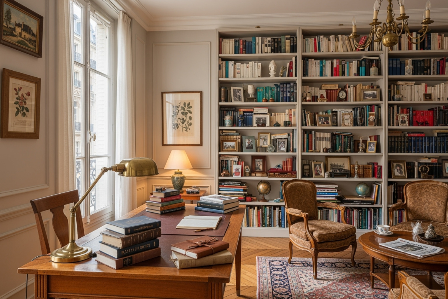 Charming Parisian apartment interior with a desk and bookshelf, warm lighting, and academic books. - Academic housing Paris