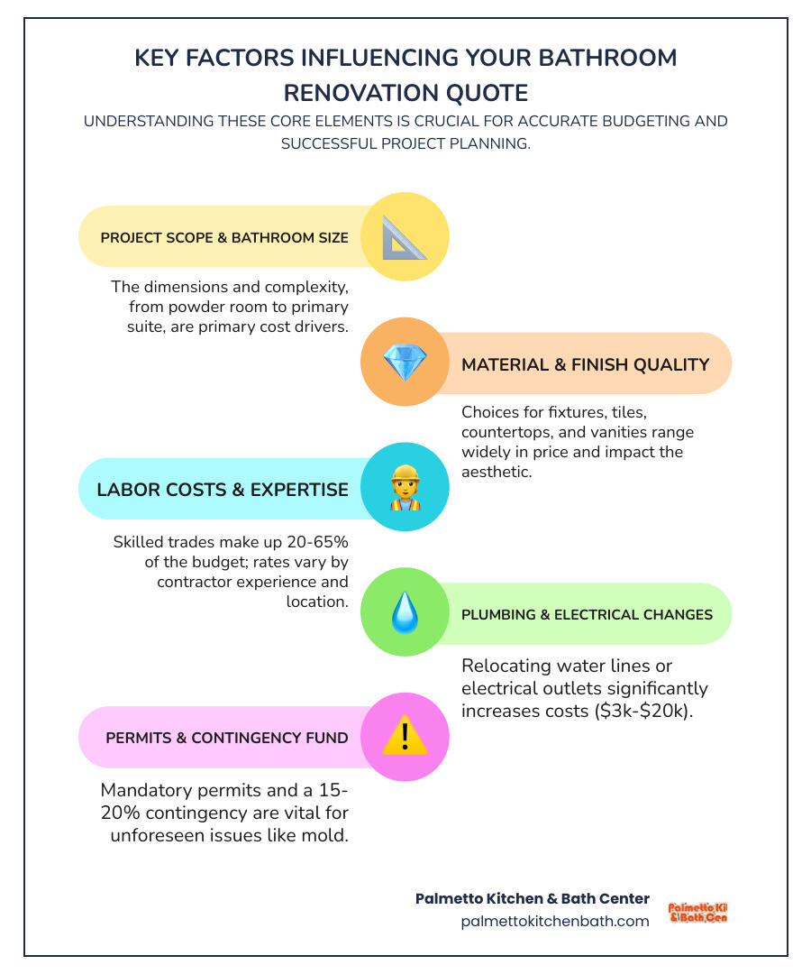 Infographic showing the breakdown of bathroom renovation costs with percentages for labor (20-65%), materials (including fixtures, tile, countertops), plumbing ($3,000-$20,000), electrical ($350 average), demolition and disposal, permits and fees, and a recommended 15-20% contingency fund for unexpected issues. The graphic also shows how bathroom size impacts total costs, from powder rooms to primary bathrooms. - bathroom renovation quotes infographic infographic-line-5-steps-colors Infographic showing the breakdown of bathroom renovation costs with percentages for labor (20-65%), materials (including fixtures, tile, countertops), plumbing ($3,000-$20,000), electrical ($350 average), demolition and disposal, permits and fees, and a recommended 15-20% contingency fund for unexpected issues. The graphic also shows how bathroom size impacts total costs, from powder rooms to primary bathrooms. - bathroom renovation quotes infographic infographic-line-5-steps-colors