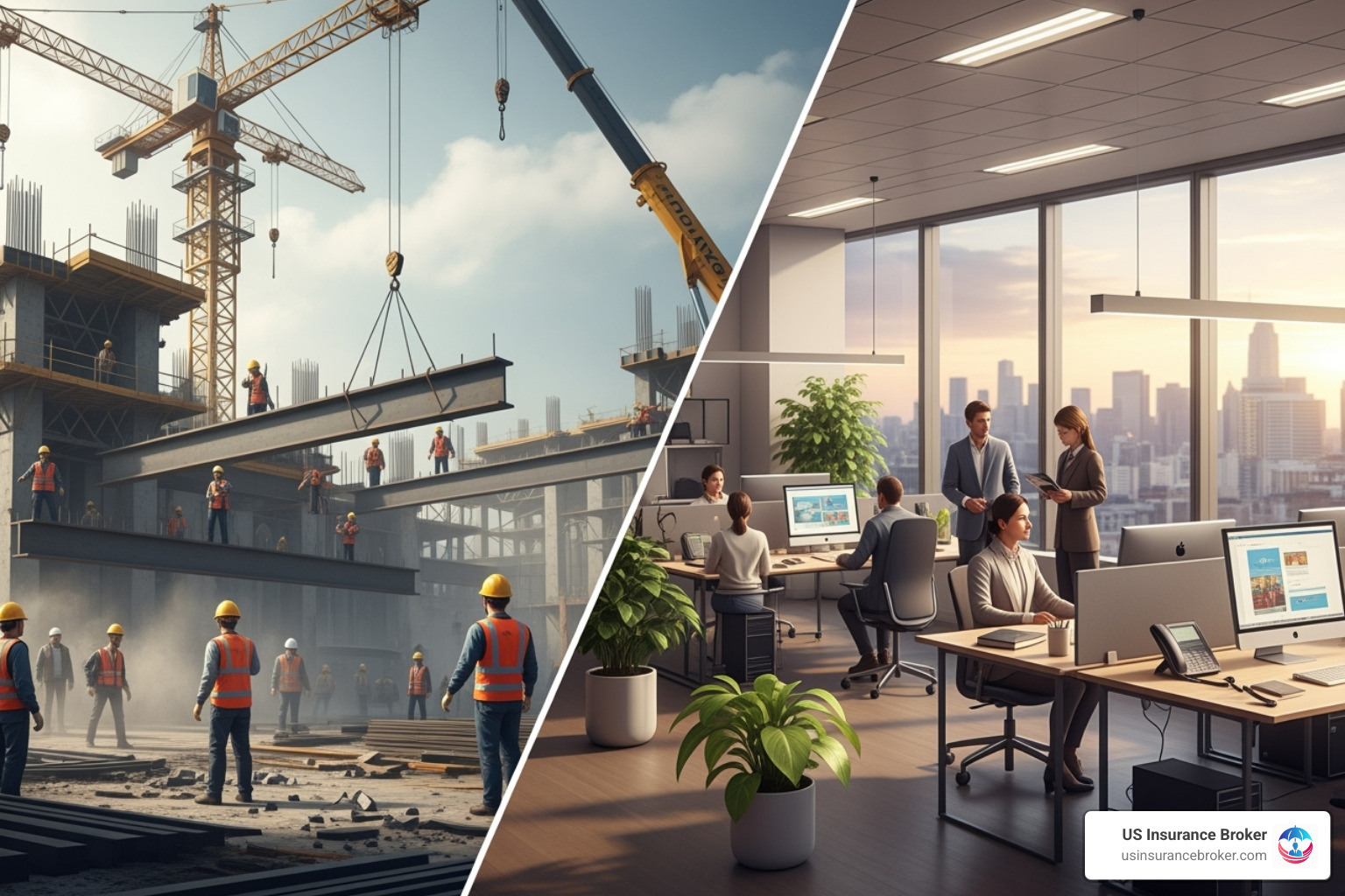 A high-risk construction site with workers in hard hats next to a calm, modern office environment with people working at desks - corporate liability insurance cost A high-risk construction site with workers in hard hats next to a calm, modern office environment with people working at desks - corporate liability insurance cost