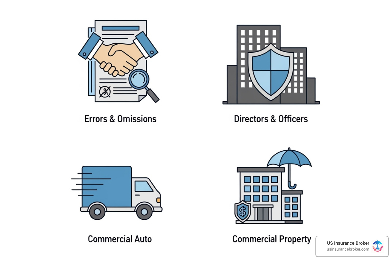 Icons representing various insurance policies including Errors & Omissions, Directors & Officers, Commercial Auto, and Commercial Property - corporate liability insurance cost Icons representing various insurance policies including Errors & Omissions, Directors & Officers, Commercial Auto, and Commercial Property - corporate liability insurance cost