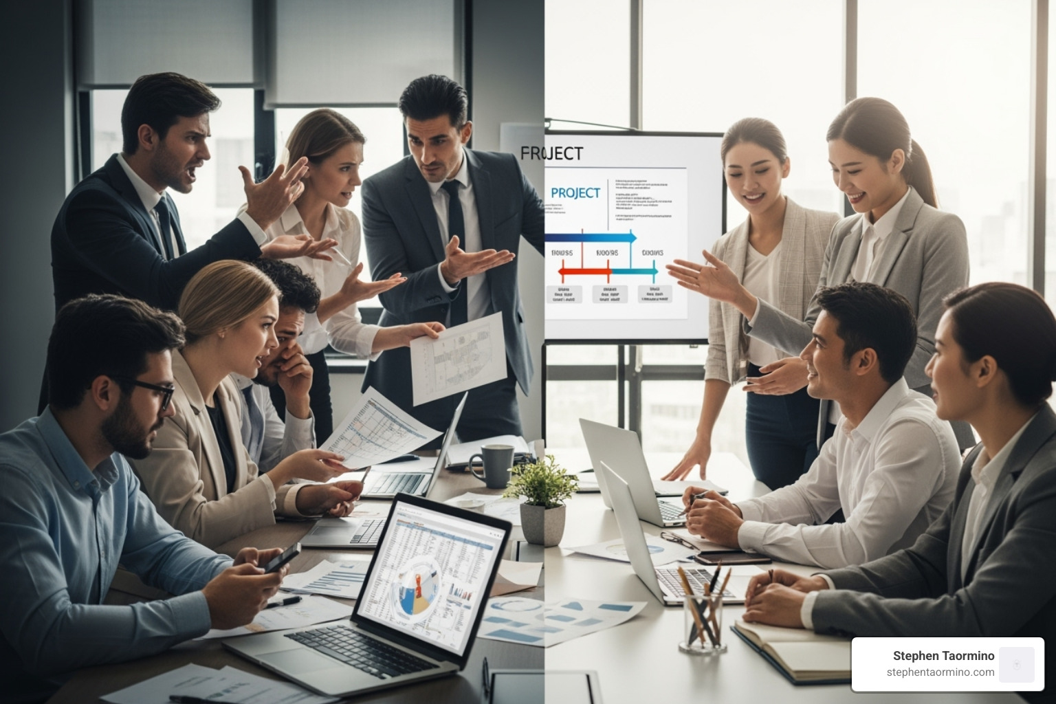 chaotic meeting vs aligned team - workshop facilitator