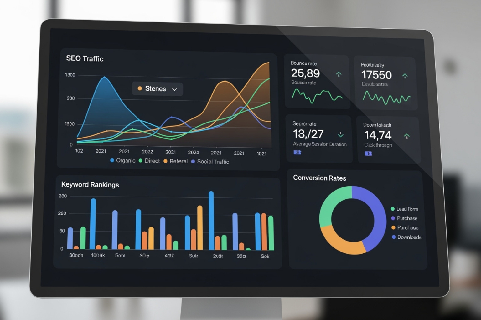 sample SEO report showing graphs and key metrics - ohio seo company