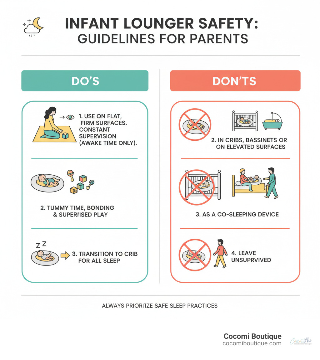 Infographic showing infant lounger safety guidelines: DO use on flat, firm surfaces with constant supervision for awake time only; DO use for tummy time, bonding, and supervised play; DO transition to crib for all sleep; DON'T use for sleeping or naps; DON'T place in cribs, bassinets, or on elevated surfaces; DON'T use as a co-sleeping device; DON'T leave baby unsupervised - infant lounger infographic 