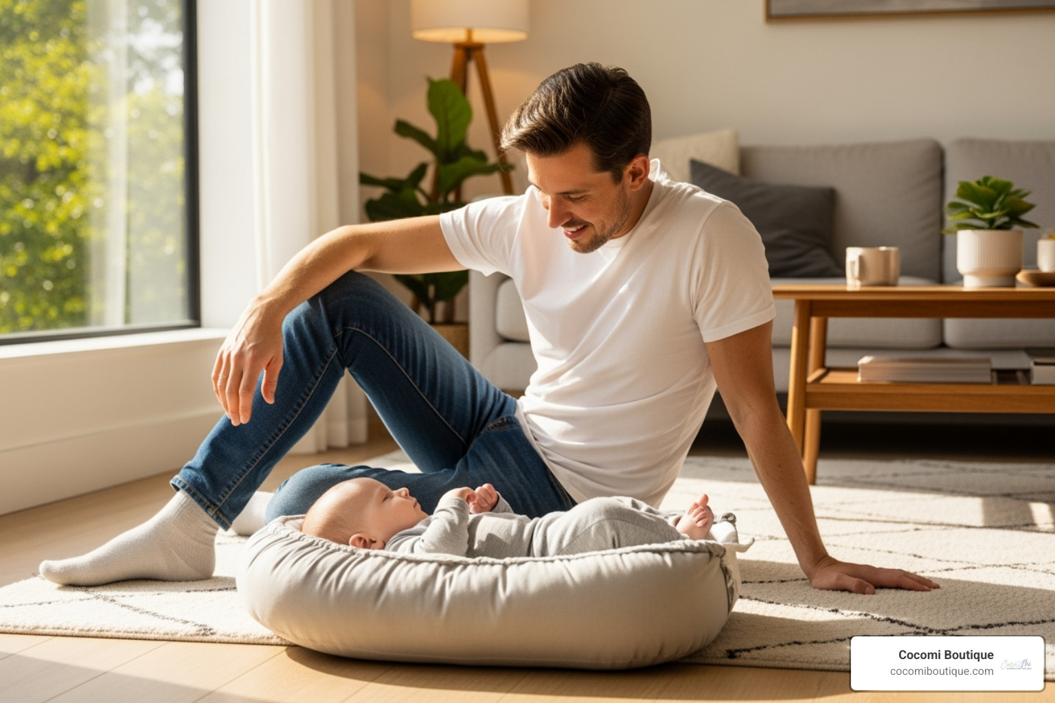 parent supervising baby in lounger - infant lounger