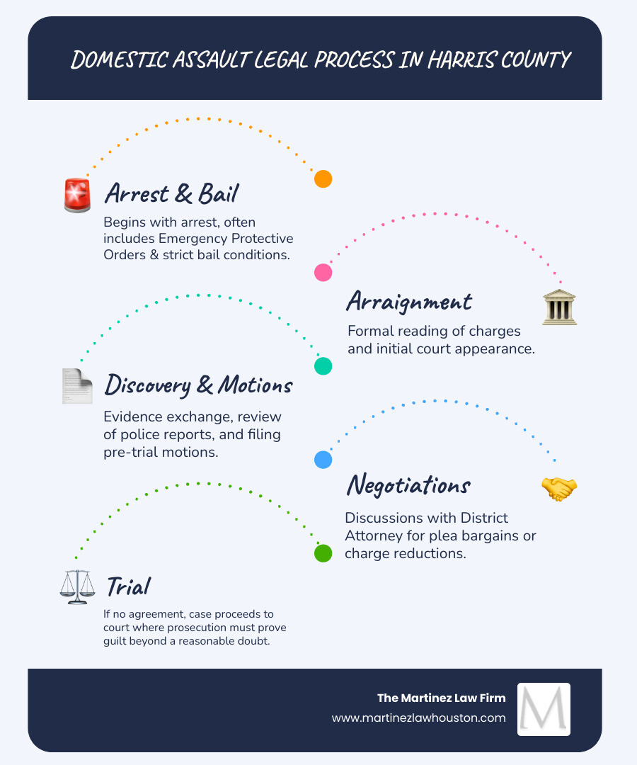 infographic explaining the legal process from arrest to trial for a domestic assault charge in Harris County - how to beat a domestic assault charge infographic infographic-line-5-steps-blues-accent_colors infographic explaining the legal process from arrest to trial for a domestic assault charge in Harris County - how to beat a domestic assault charge infographic infographic-line-5-steps-blues-accent_colors