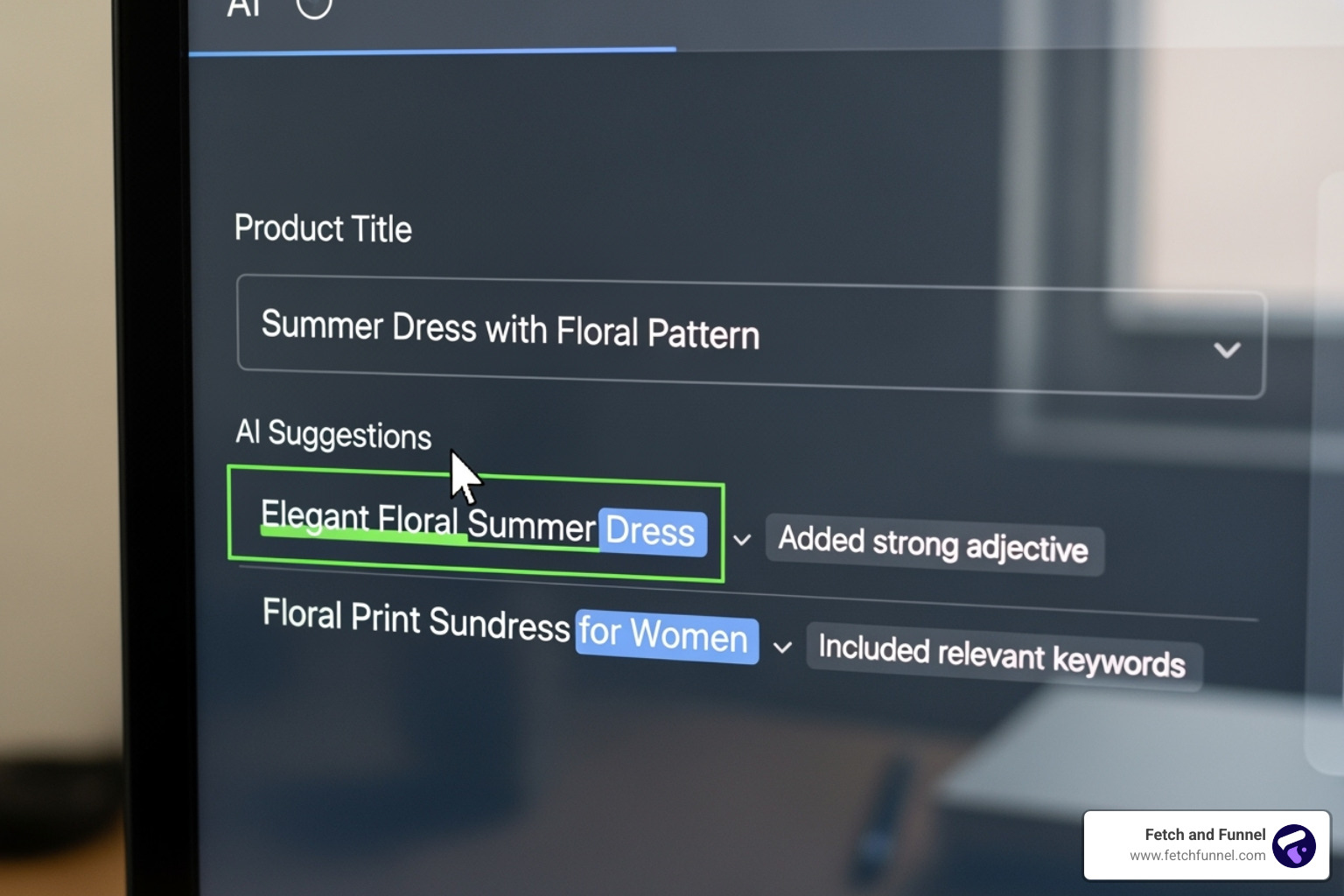 AI tool interface suggesting title improvements - shopping feed optimisation AI tool interface suggesting title improvements - shopping feed optimisation