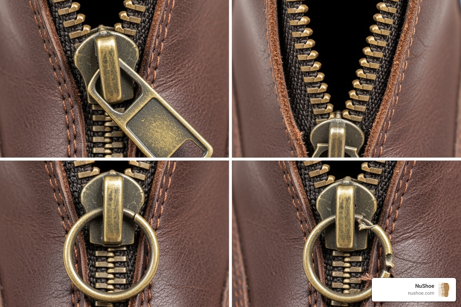 close-ups of different zipper problems like a worn slider and separated teeth - ugg boot zipper replacement