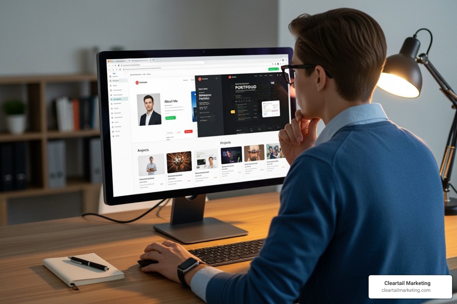 A person evaluating developer portfolios on a computer screen, with several open tabs showing different websites - WordPress developer Chicago