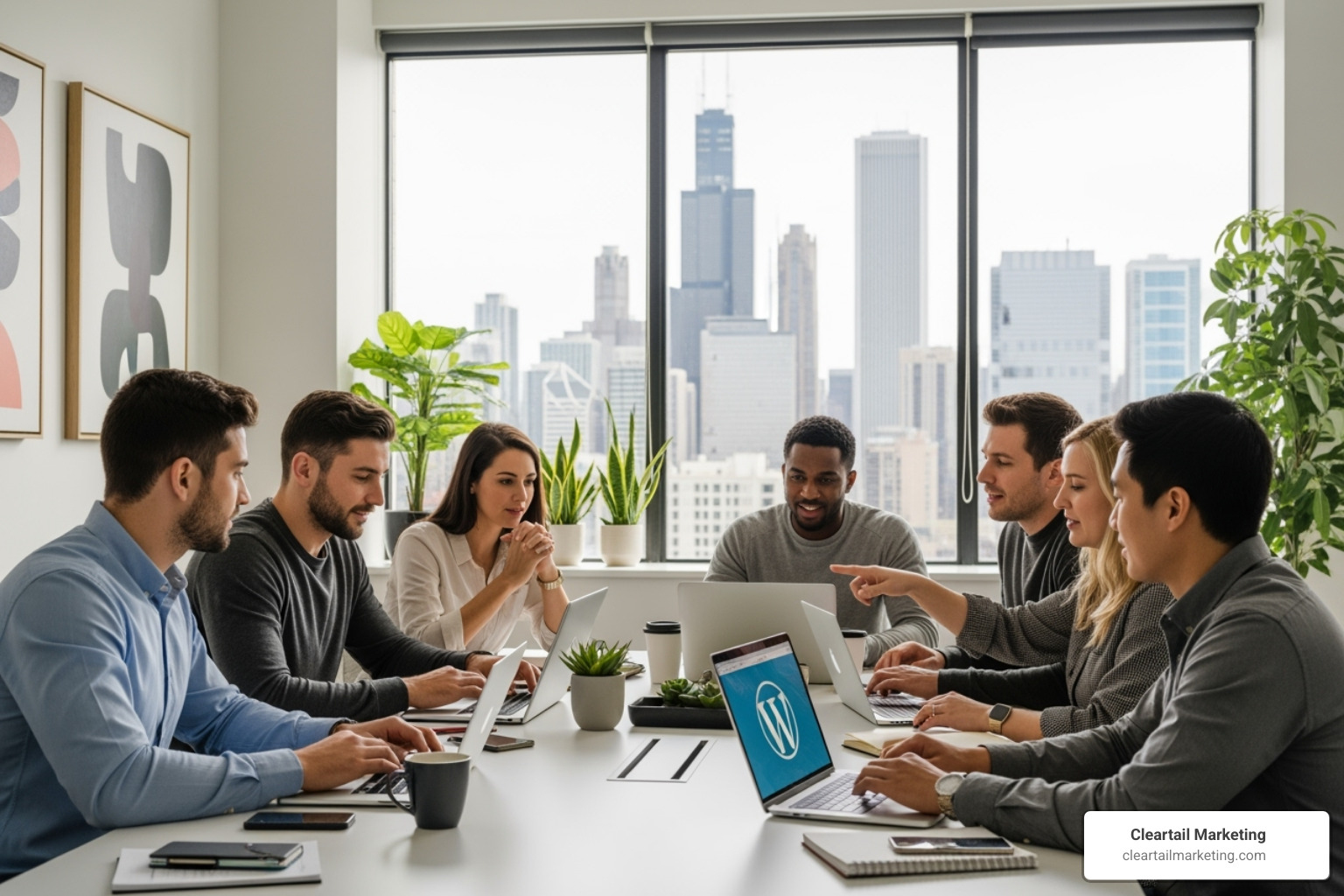 A team meeting in a modern Chicago office setting, collaborating on a WordPress project - WordPress developer Chicago
