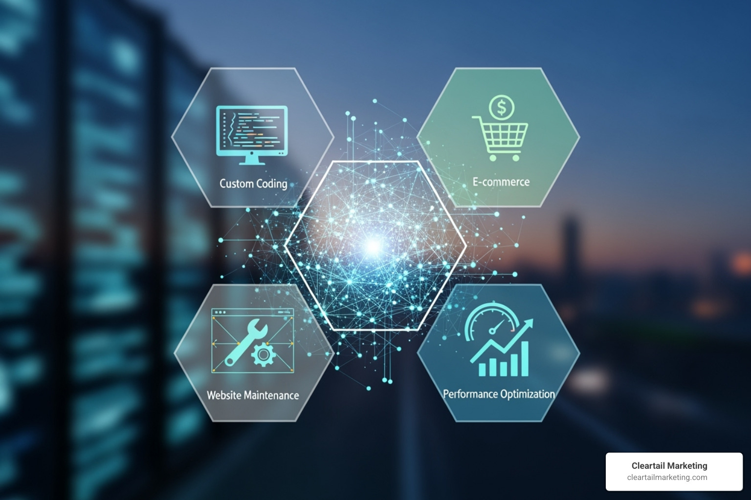 Flowchart showing WordPress services: Custom Development -> E-commerce Solutions -> Website Maintenance -> SEO Optimization -> Migration Services -> Performance Tuning - WordPress developer Chicago