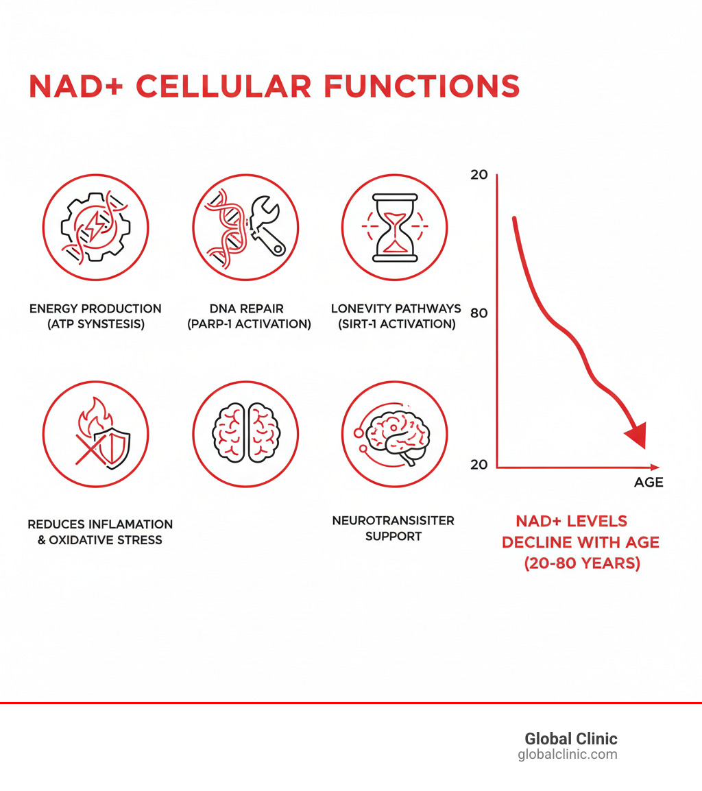 Infographic showing NAD+ functions: cellular energy production through ATP synthesis in mitochondria, DNA repair via PARP-1 activation, sirtuin enzyme activation for longevity pathways, reduction of inflammation and oxidative stress, support for neurotransmitter production, and decline in NAD+ levels from age 20 to 80 - nad infusion infographic Infographic showing NAD+ functions: cellular energy production through ATP synthesis in mitochondria, DNA repair via PARP-1 activation, sirtuin enzyme activation for longevity pathways, reduction of inflammation and oxidative stress, support for neurotransmitter production, and decline in NAD+ levels from age 20 to 80 - nad infusion infographic