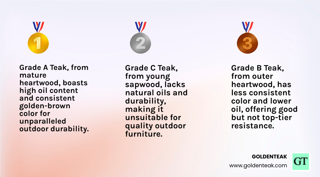 Comparison table of Teak Grades A, B, and C based on source, color, oil content, and durability - Teak Wood Patio Furniture infographic 3_facts_emoji_light-gradient