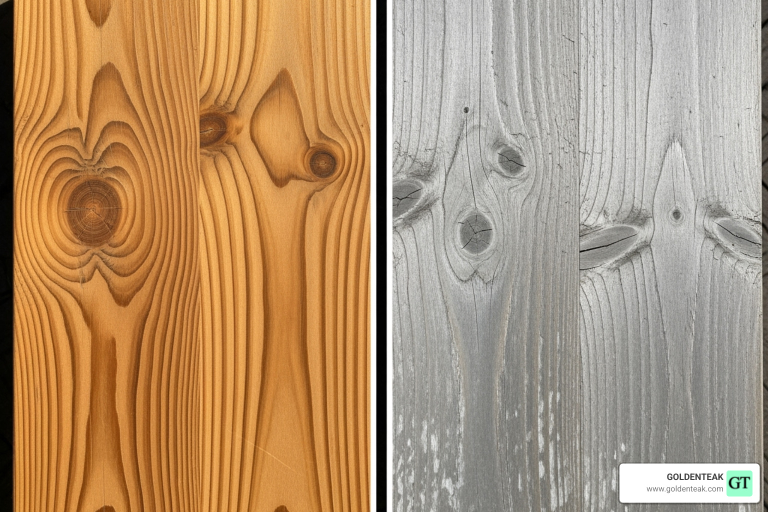 side-by-side comparison of new golden-honey teak and weathered silver-gray teak - Teak Wood Patio Furniture