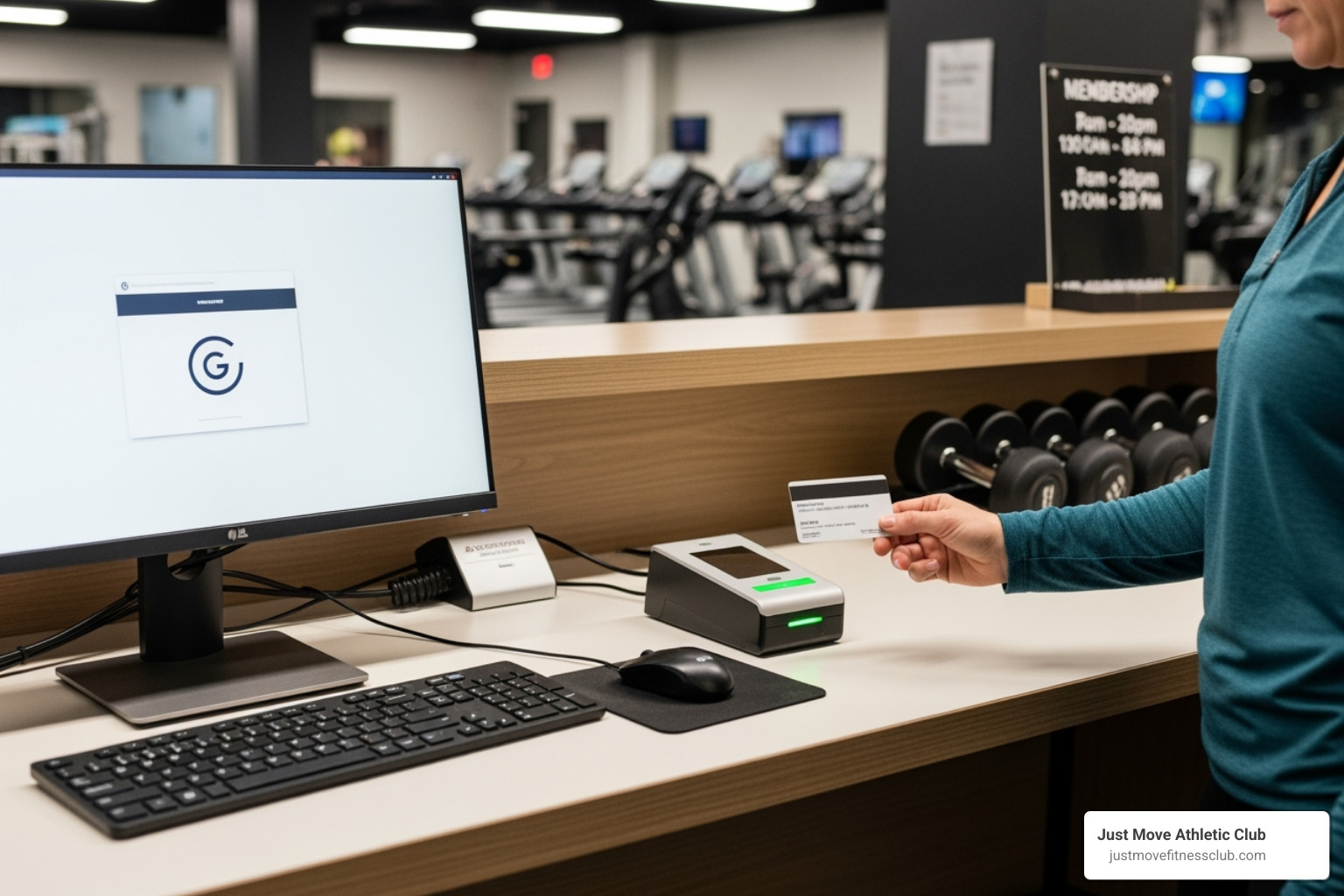 Person scanning their membership card at a gym's front desk - fitness center class schedule
