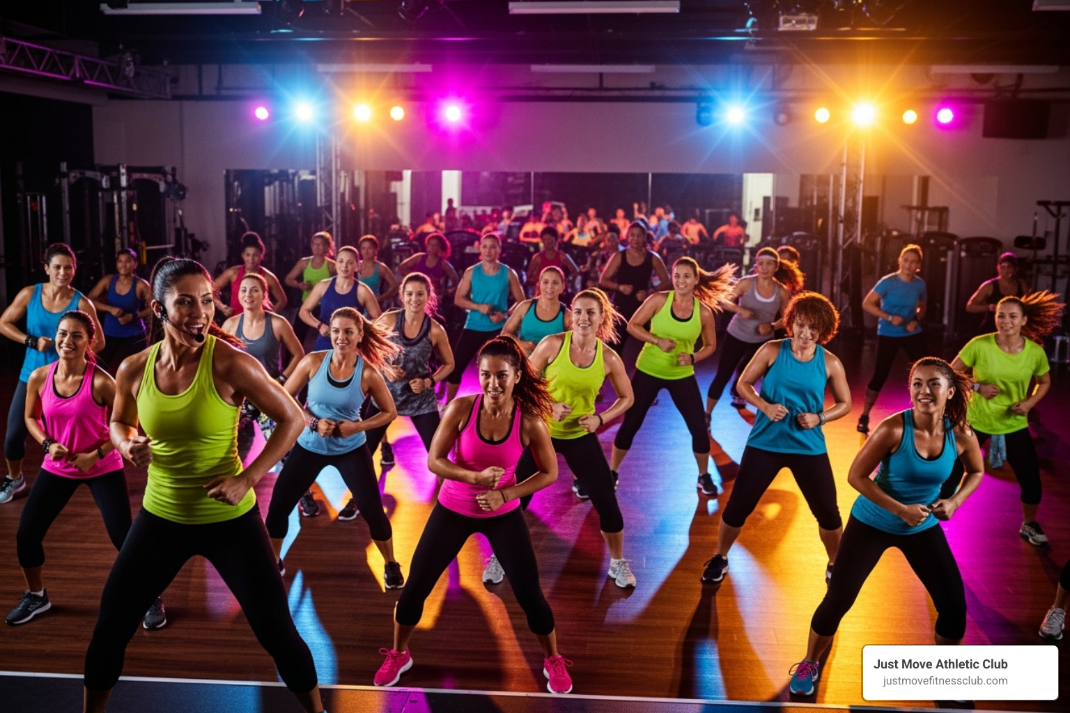High-energy Zumba class with colorful lighting - fitness center class schedule