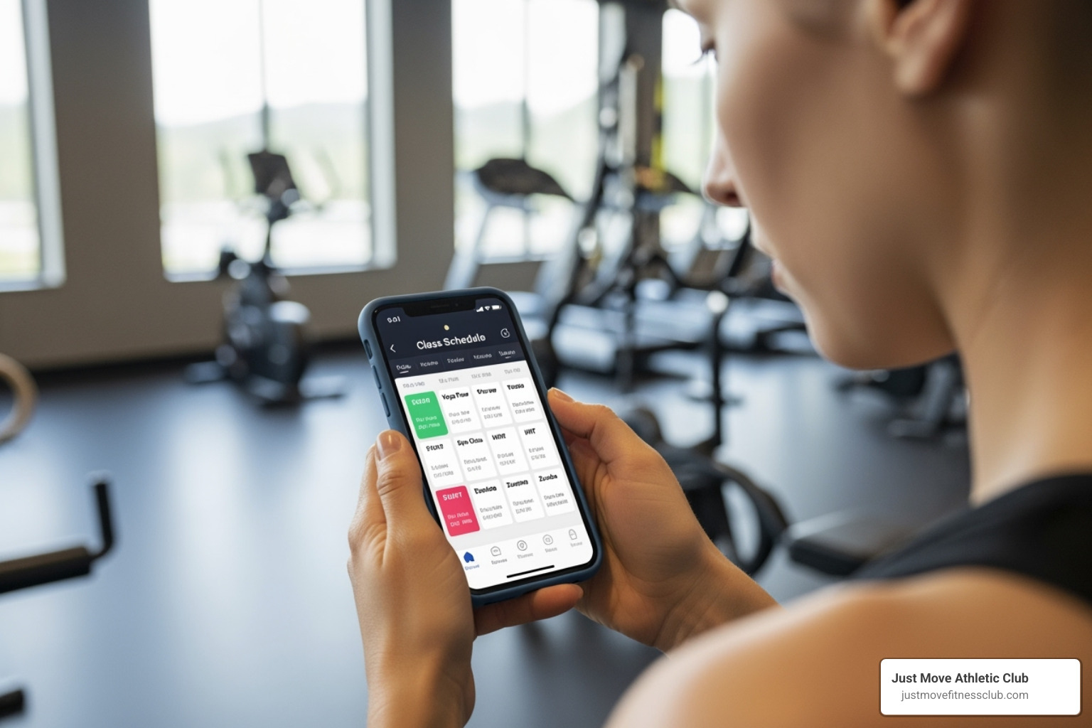 Person looking at a fitness class schedule on a smartphone app - fitness center class schedule