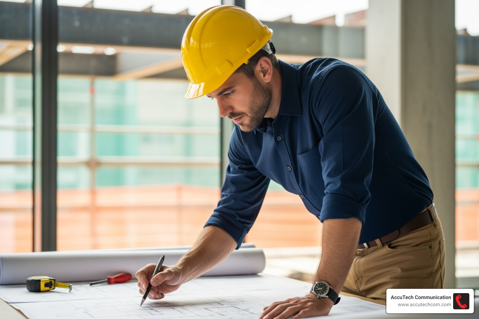 electrician reviewing building blueprints - Commercial wiring services