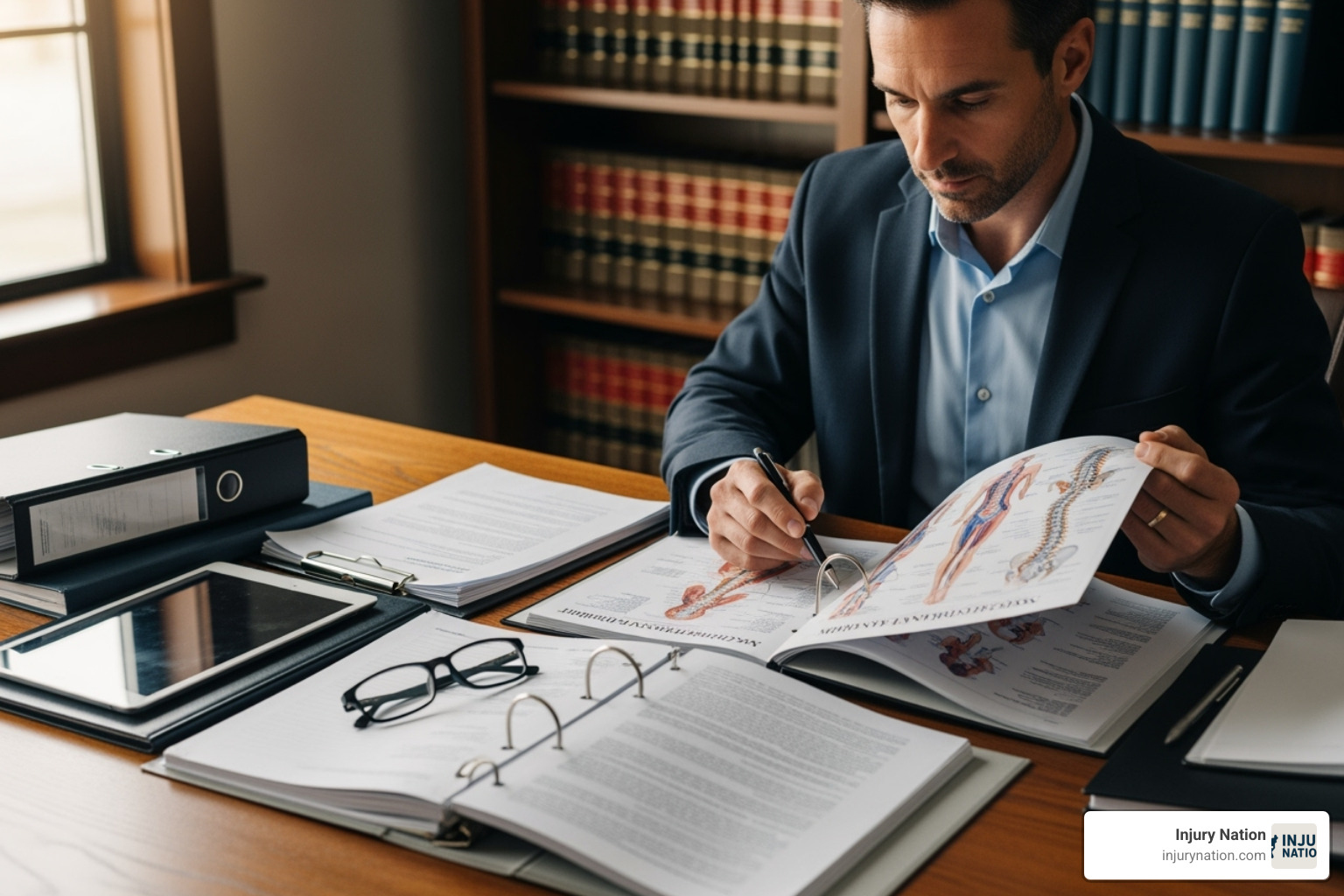 A lawyer reviewing medical charts and legal documents, demonstrating the detailed investigation involved in a spinal cord injury case. - spinal cord injury lawyer
