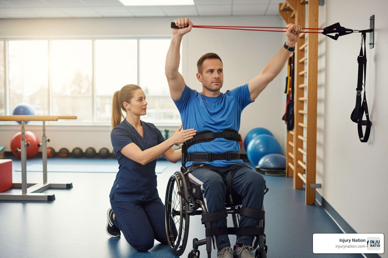 A person in a physical therapy session, demonstrating rehabilitation exercises, highlighting the long-term commitment to recovery after an SCI. - spinal cord injury lawyer