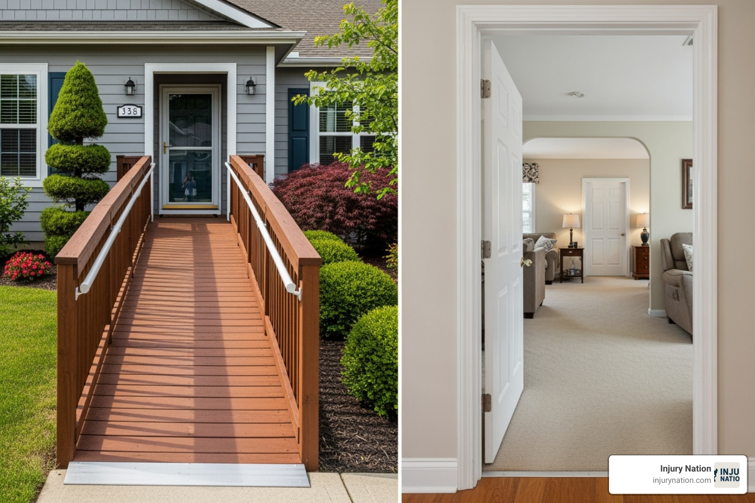 A wheelchair accessible home modification, showing a ramp leading to a doorway and widened interior doors, highlighting the need for extensive home adaptations for SCI victims. - spinal cord injury lawyer