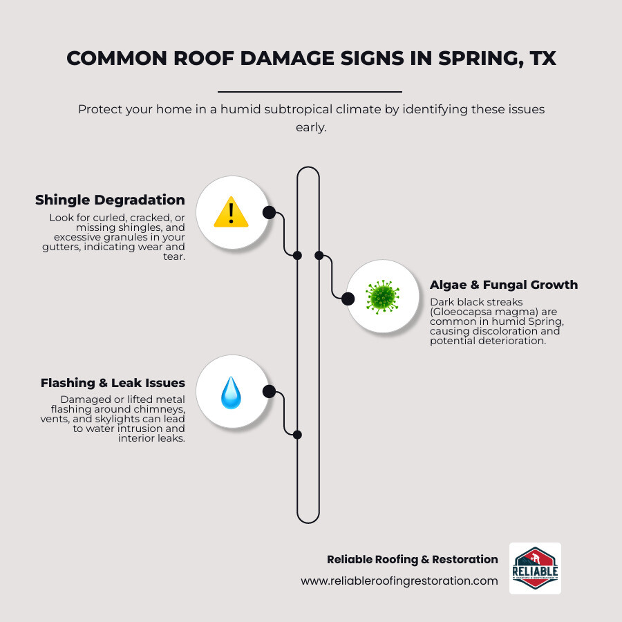 Infographic showing common roof damage signs in Spring, Texas: curled or missing shingles on top left, dark algae streaks (Gloeocapsa magma) on top right, excessive granules in gutters on bottom left, damaged or lifted flashing around vents and chimneys on bottom right, with humidity and storm icons indicating Spring's climate challenges - roofer spring infographic infographic-line-3-steps-elegant_beige