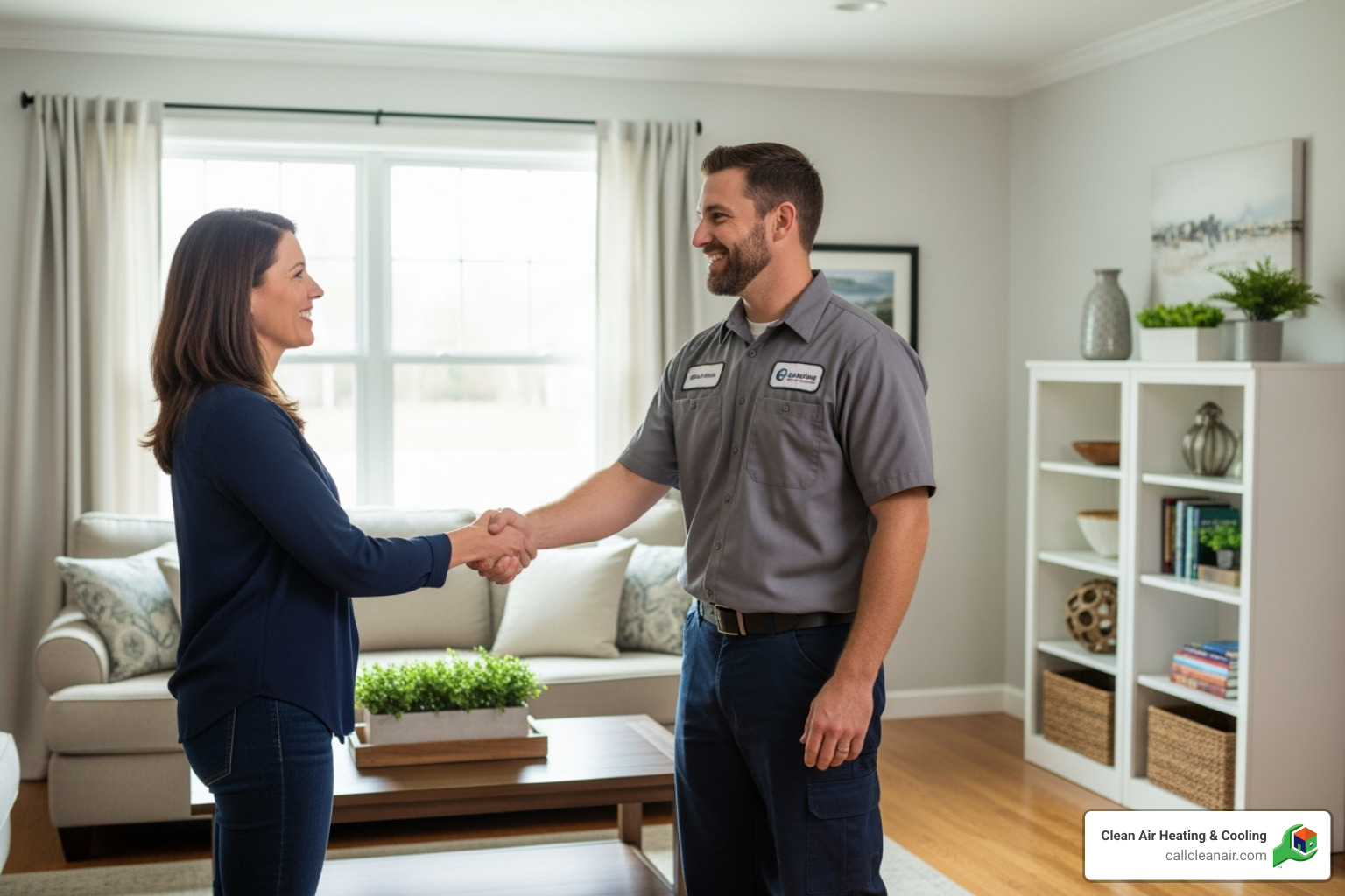 friendly technician shaking hands with happy homeowner - burlington hvac companies