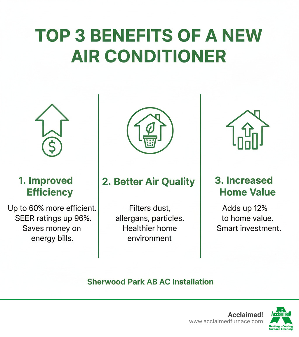 Infographic showing the top 3 benefits of a new air conditioner: 1. Improved Efficiency - Modern AC systems can be up to 60% more efficient than units from 10 years ago, with SEER ratings up to 96%, saving you money on energy bills. 2. Better Air Quality - New systems filter out dust, allergens, and particles more effectively, creating a healthier home environment for your family. 3. Increased Home Value - Adding central air conditioning can increase your home's value by up to 12%, making it a smart investment for the future. - ac installation sherwood park ab infographic 