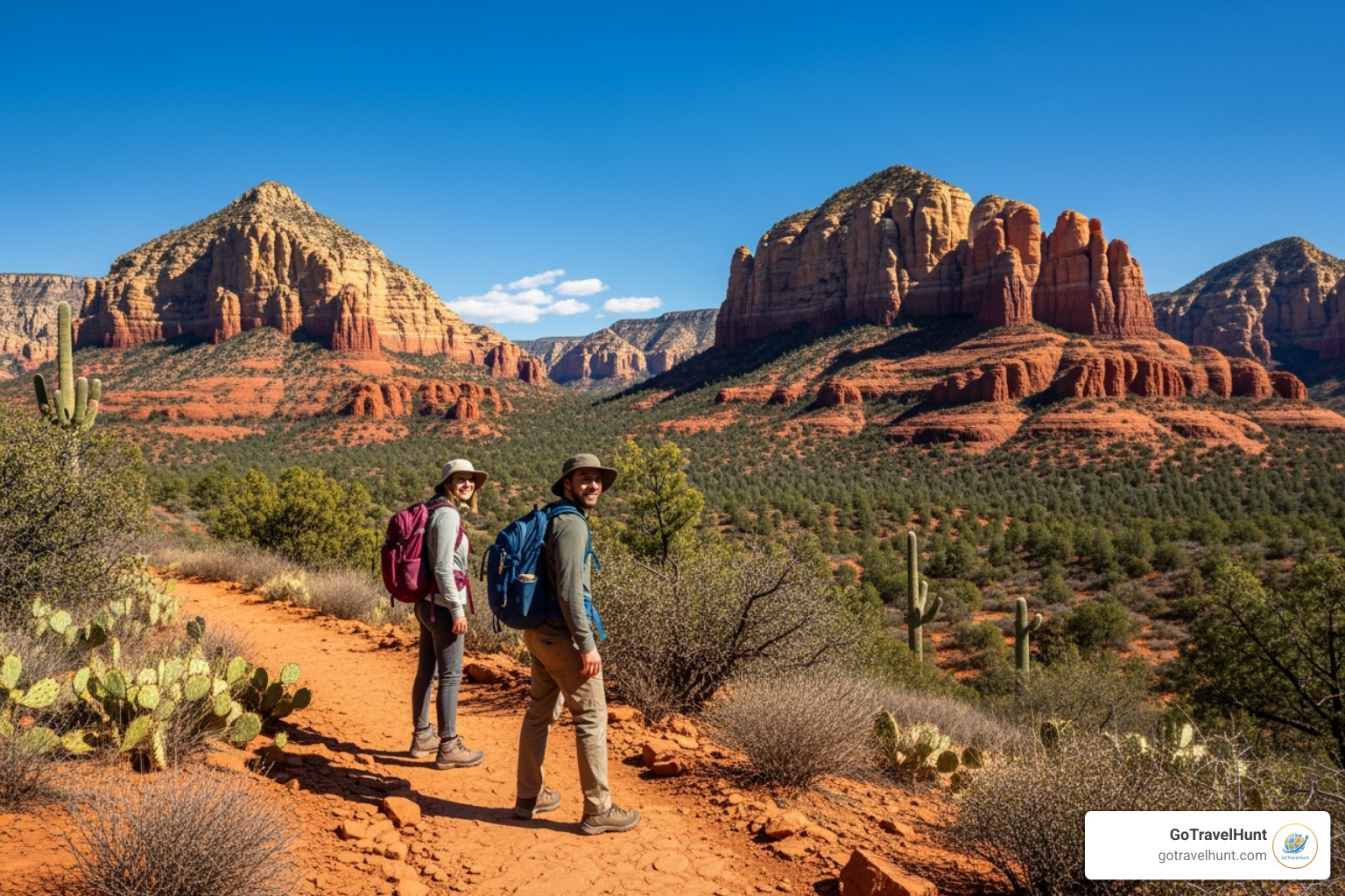 couple hiking towards the red rocks in Sedona - romantic trip ideas couple hiking towards the red rocks in Sedona - romantic trip ideas