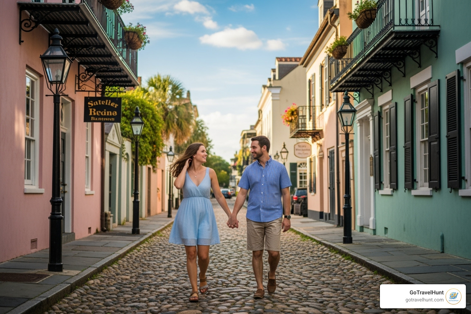 couple walking down a cobblestone street in Charleston - romantic trip ideas couple walking down a cobblestone street in Charleston - romantic trip ideas