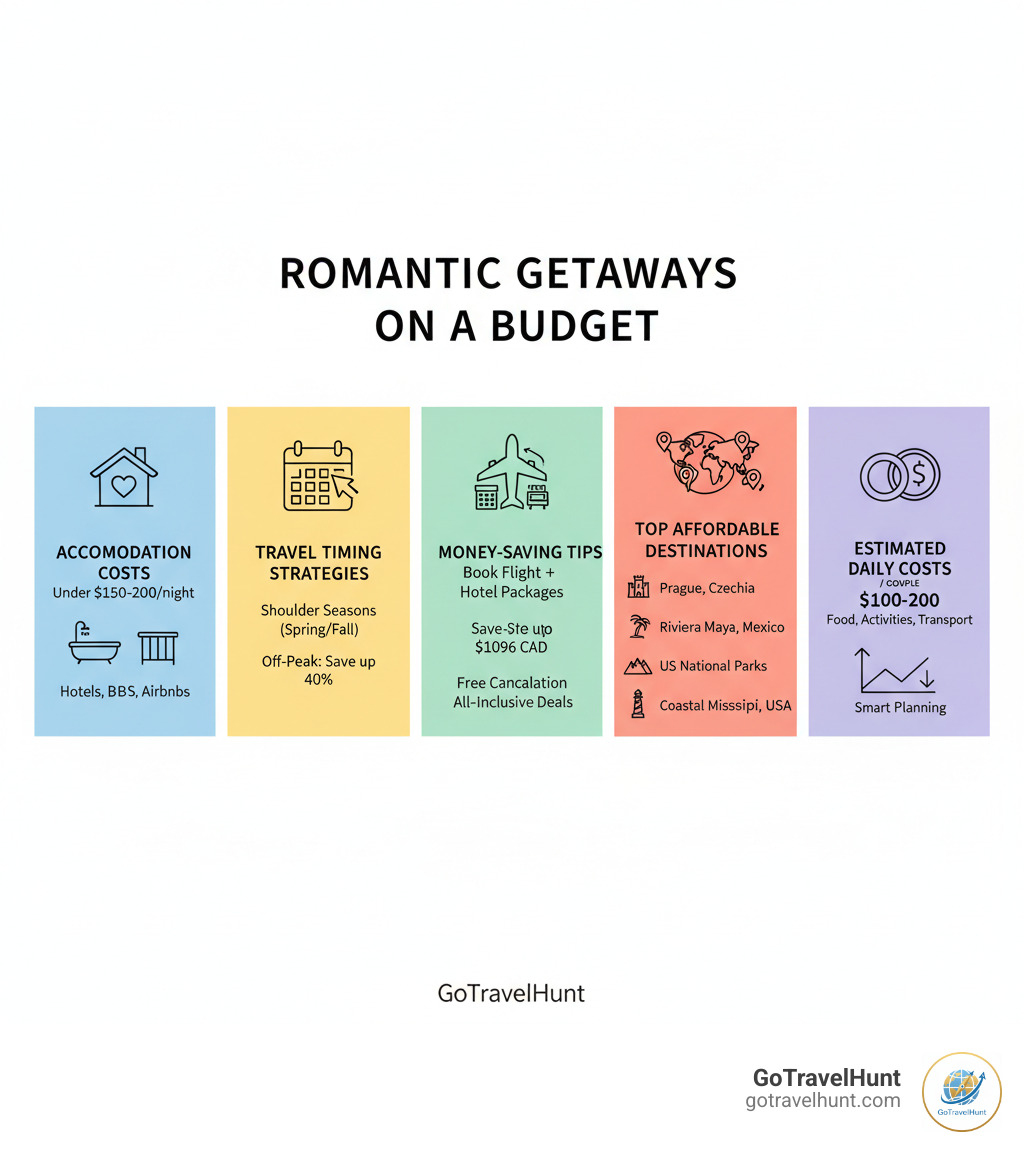 infographic showing budget breakdown for romantic getaways including accommodation costs, travel timing strategies, money-saving tips for booking packages, top affordable destinations by region, and estimated daily costs for couples - romantic getaways on a budget infographic  infographic showing budget breakdown for romantic getaways including accommodation costs, travel timing strategies, money-saving tips for booking packages, top affordable destinations by region, and estimated daily costs for couples - romantic getaways on a budget infographic