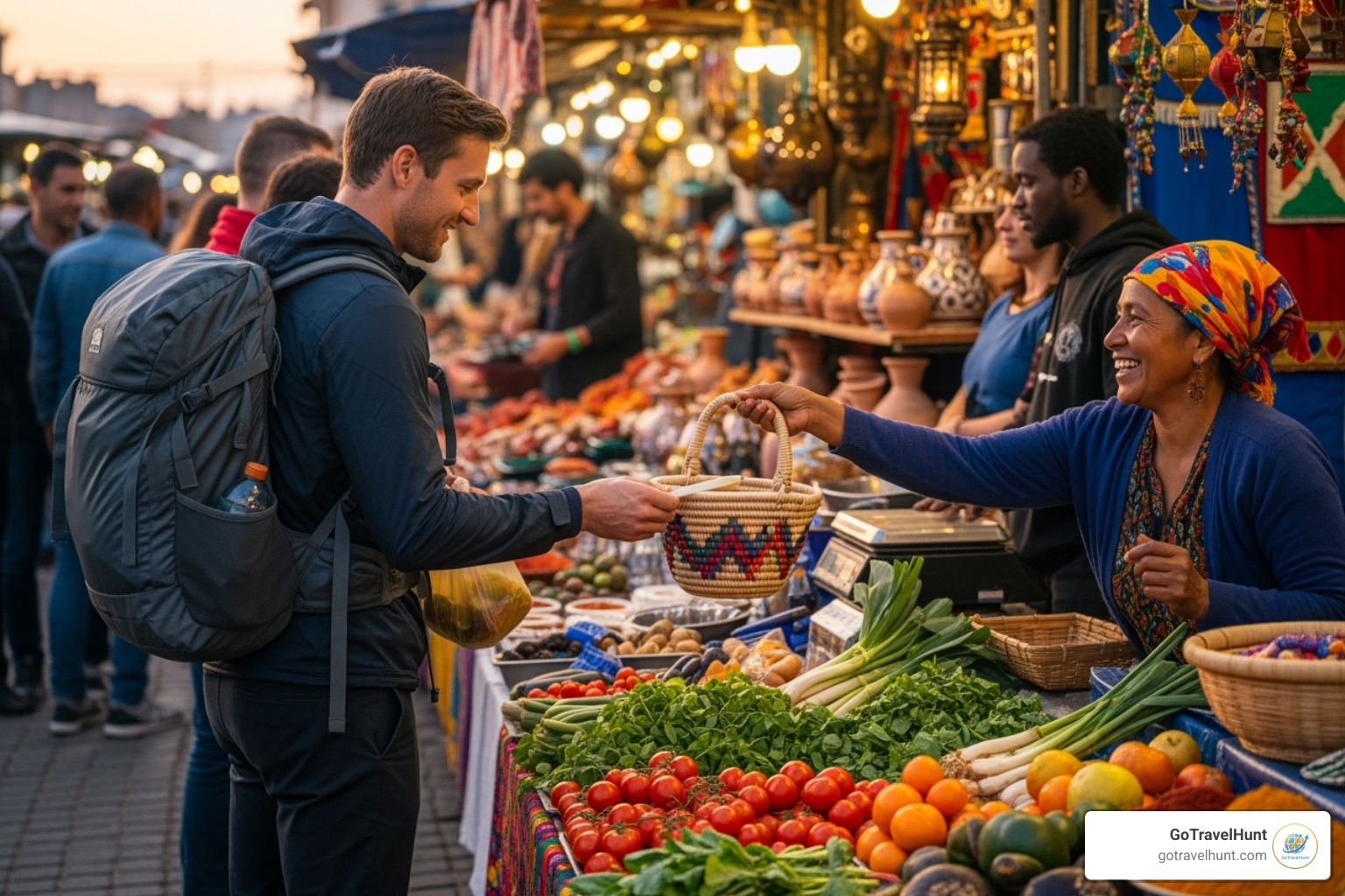 Traveler buying from local vendor - authentic travel experiences Traveler buying from local vendor - authentic travel experiences