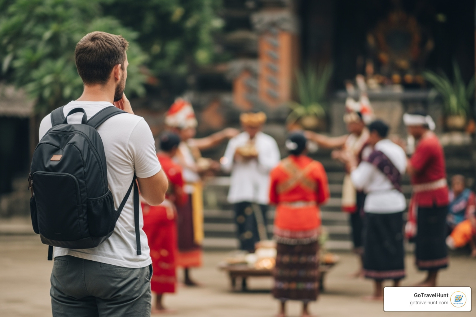 Traveler respectfully observing local ceremony - authentic travel experiences Traveler respectfully observing local ceremony - authentic travel experiences