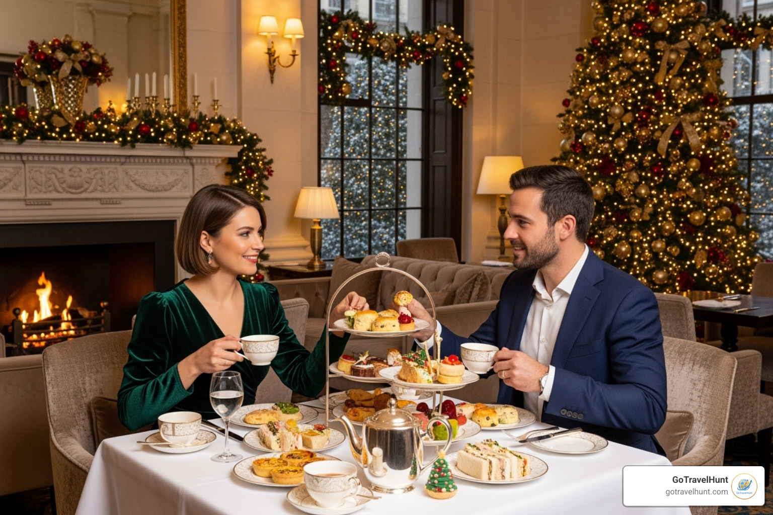 a couple enjoying a festive afternoon tea - christmas hotel packages london 2025 a couple enjoying a festive afternoon tea - christmas hotel packages london 2025
