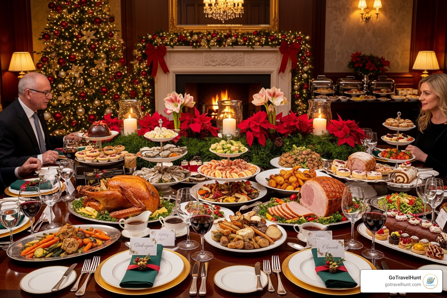 a grand Christmas Day lunch spread in a hotel restaurant - christmas hotel packages london 2025 a grand Christmas Day lunch spread in a hotel restaurant - christmas hotel packages london 2025
