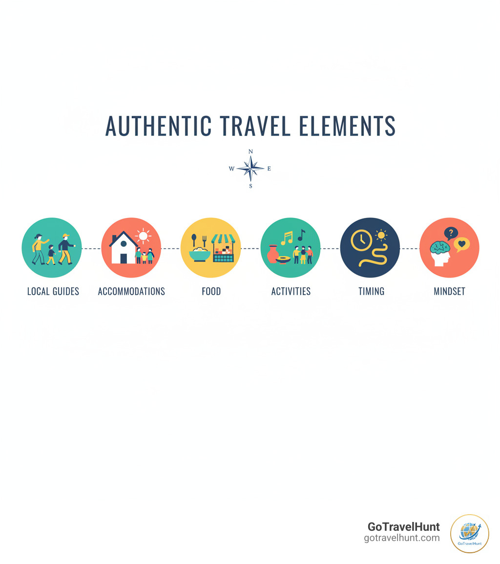 Infographic showing the key elements of authentic travel: Local Guides (choose guides from the community who don't work in mass tourism), Accommodations (homestays, B&Bs, farm stays with resident hosts), Food (eat where locals eat, avoid flashy restaurants with promotional staff), Activities (cultural workshops, local markets, community festivals, artisan visits), Timing (visit popular sites during off-peak hours, embrace spontaneity), and Mindset (slow down, ask questions, show genuine interest, learn basic local phrases) - authentic travel experiences infographic  Infographic showing the key elements of authentic travel: Local Guides (choose guides from the community who don't work in mass tourism), Accommodations (homestays, B&Bs, farm stays with resident hosts), Food (eat where locals eat, avoid flashy restaurants with promotional staff), Activities (cultural workshops, local markets, community festivals, artisan visits), Timing (visit popular sites during off-peak hours, embrace spontaneity), and Mindset (slow down, ask questions, show genuine interest, learn basic local phrases) - authentic travel experiences infographic