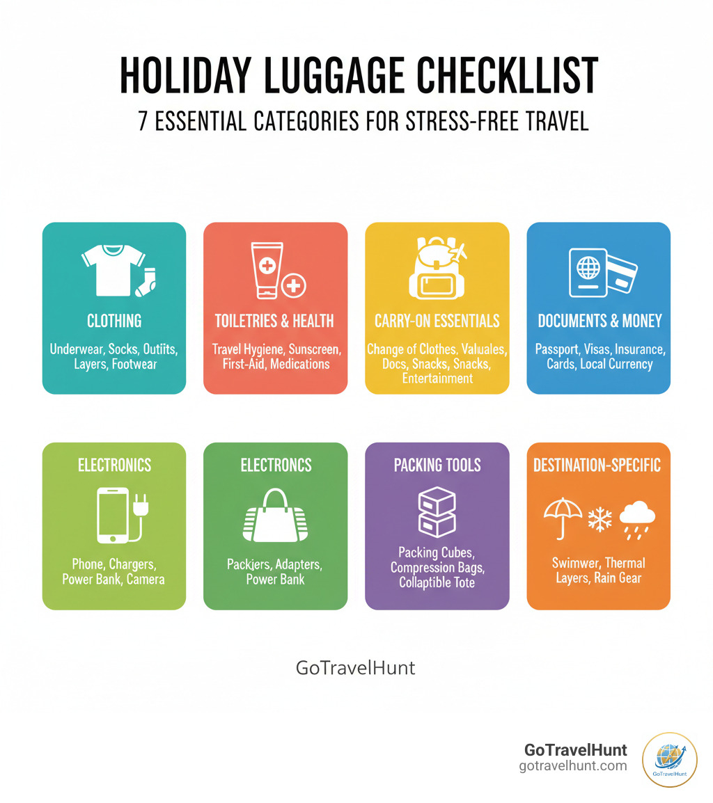Infographic showing a complete holiday luggage checklist organized into 7 main categories: Clothing (underwear, socks, versatile outfits, layers, footwear), Toiletries and Health (travel-sized hygiene items, sunscreen, first-aid kit, medications), Carry-On Essentials (change of clothes, valuables, documents, snacks, entertainment), Documents and Money (passport, visas, insurance, credit cards, local currency), Electronics (phone, chargers, adapters, power bank, camera), Packing Tools (packing cubes, compression bags, collapsible tote), and Destination-Specific Items (swimwear for beach, thermal layers for winter, rain gear for cities) - holiday luggage checklist infographic  Infographic showing a complete holiday luggage checklist organized into 7 main categories: Clothing (underwear, socks, versatile outfits, layers, footwear), Toiletries and Health (travel-sized hygiene items, sunscreen, first-aid kit, medications), Carry-On Essentials (change of clothes, valuables, documents, snacks, entertainment), Documents and Money (passport, visas, insurance, credit cards, local currency), Electronics (phone, chargers, adapters, power bank, camera), Packing Tools (packing cubes, compression bags, collapsible tote), and Destination-Specific Items (swimwear for beach, thermal layers for winter, rain gear for cities) - holiday luggage checklist infographic