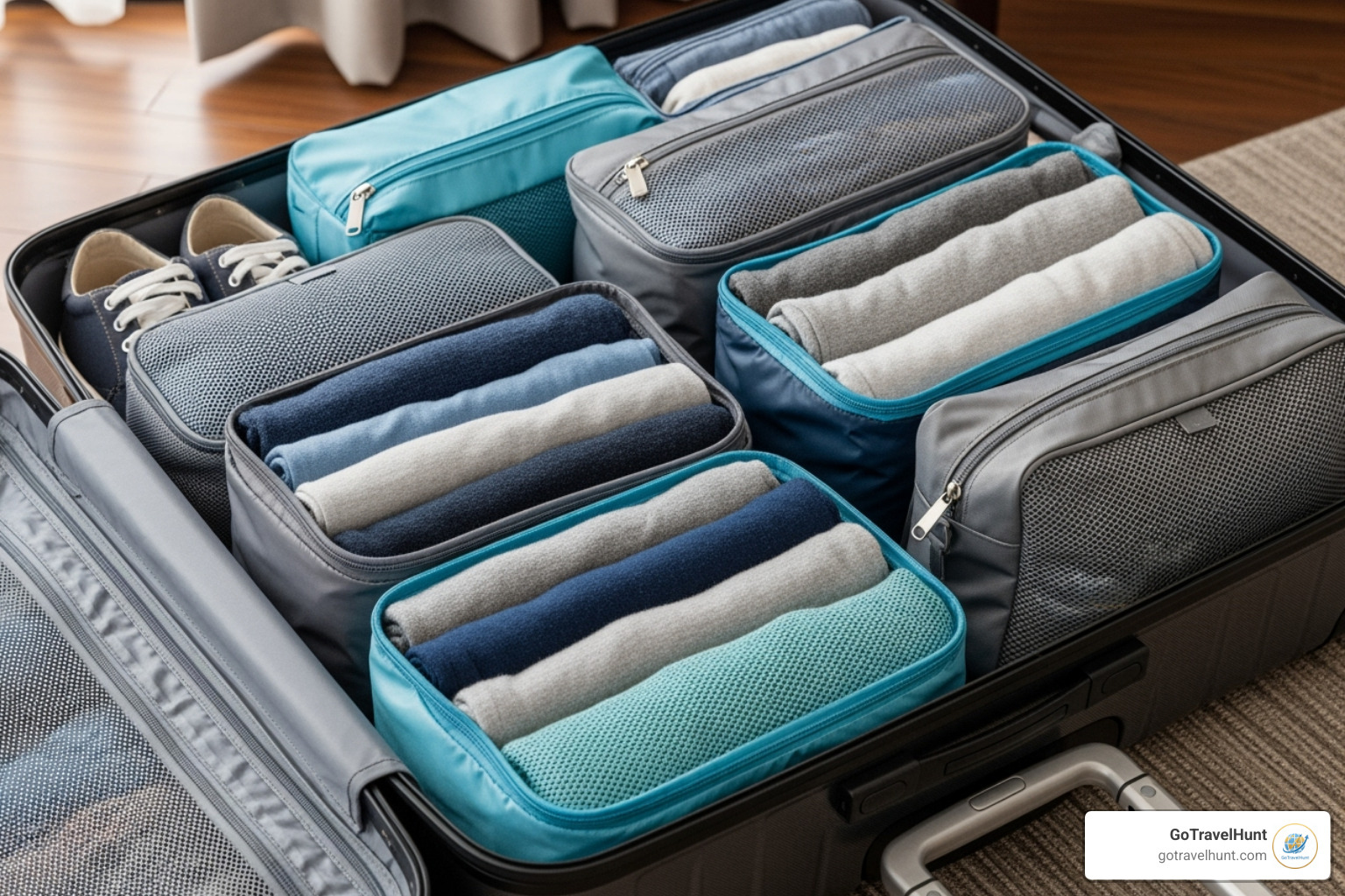 clothes neatly rolled and organized in packing cubes inside a suitcase - holiday luggage checklist clothes neatly rolled and organized in packing cubes inside a suitcase - holiday luggage checklist