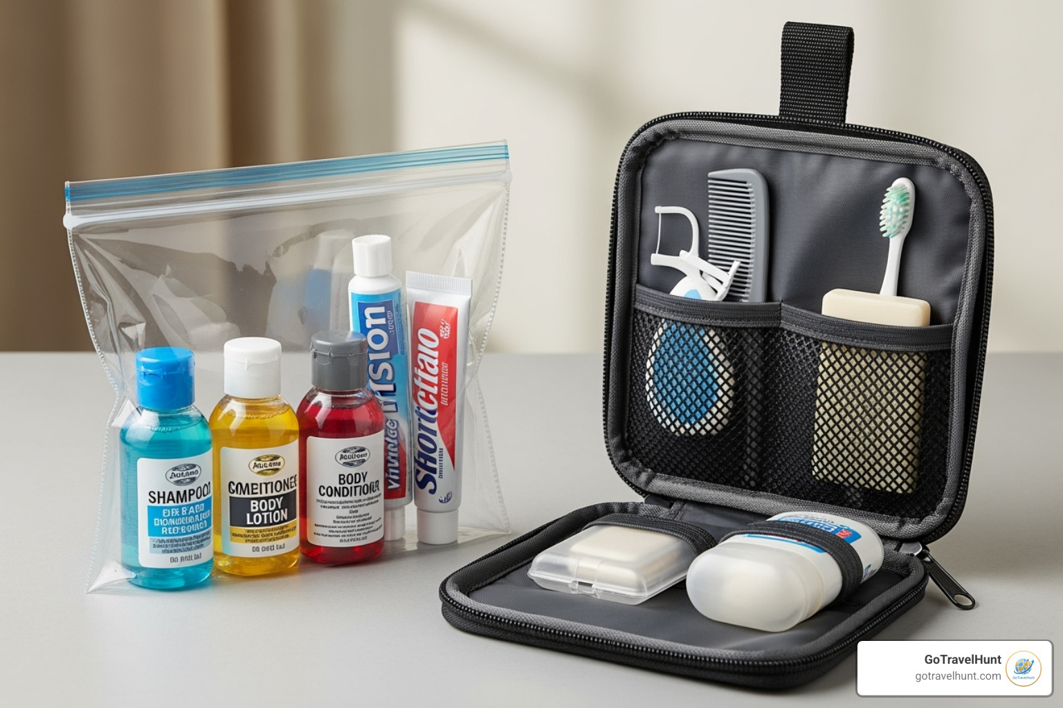 clear, quart-sized bag with travel-sized liquid containers next to a hanging toiletry bag - holiday luggage checklist clear, quart-sized bag with travel-sized liquid containers next to a hanging toiletry bag - holiday luggage checklist