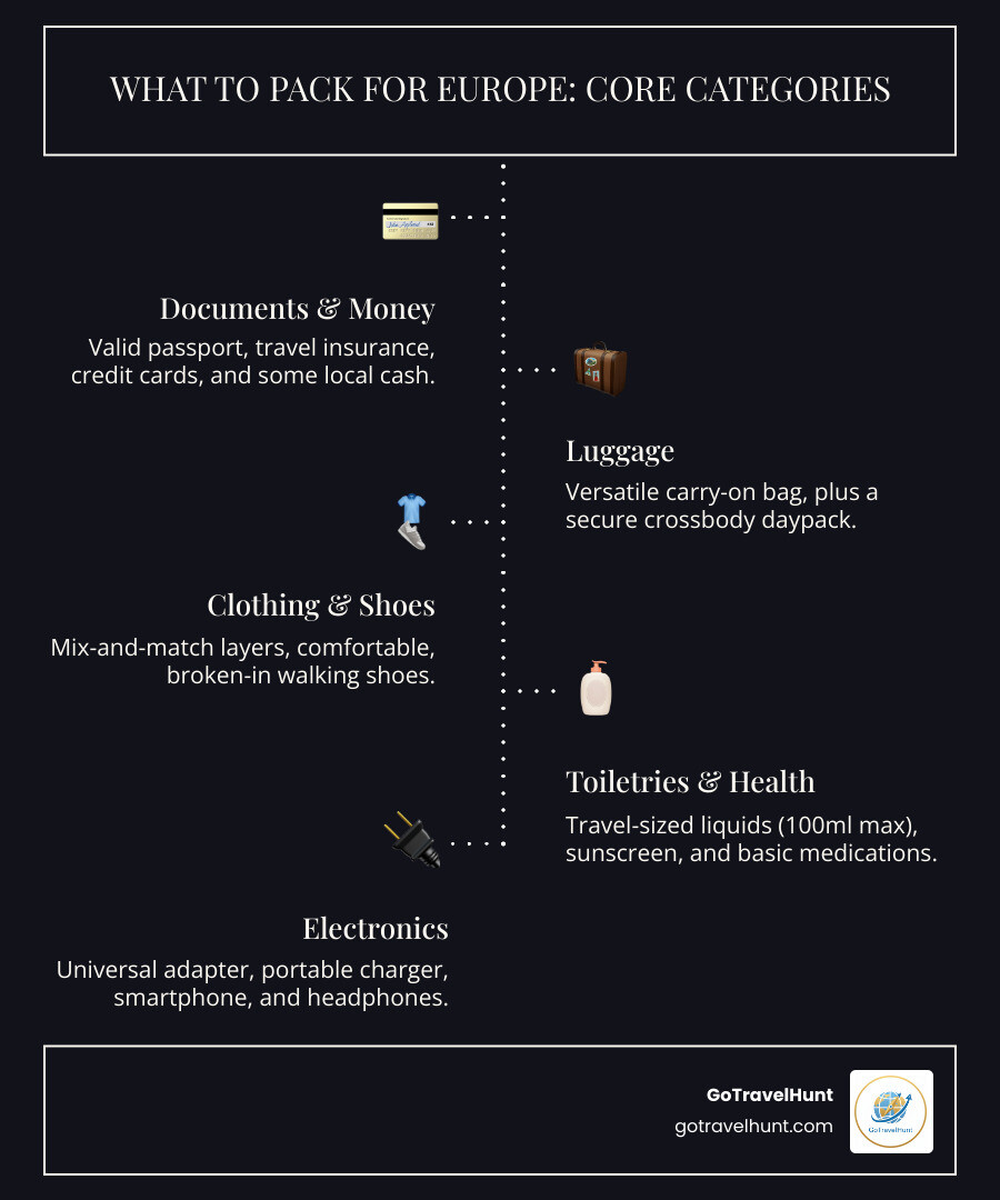infographic showing five core packing categories with icons: Documents & Money (passport and credit card icon), Luggage (suitcase icon), Clothing & Shoes (shirt and sneaker icons), Toiletries & Health (toiletry bag and first aid kit icons), and Electronics (phone and adapter icons) - what to pack for europe trip infographic infographic-line-5-steps-dark