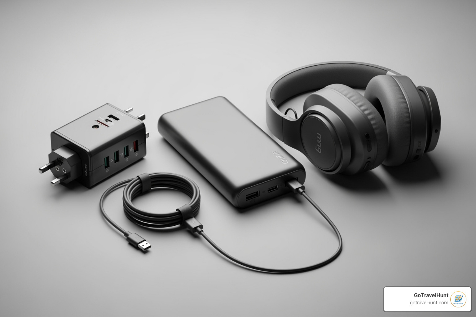 universal travel adapter, portable power bank, and noise-canceling headphones - what to pack for europe trip