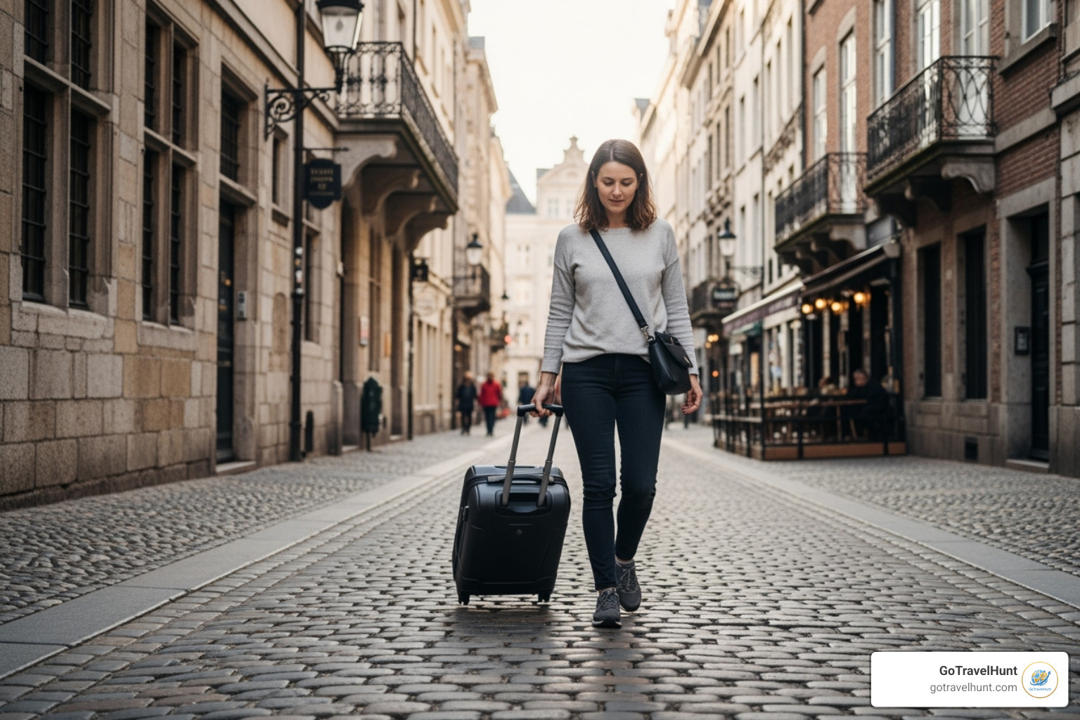 traveler navigating cobblestone street with a spinner suitcase and a crossbody bag - what to pack for europe trip