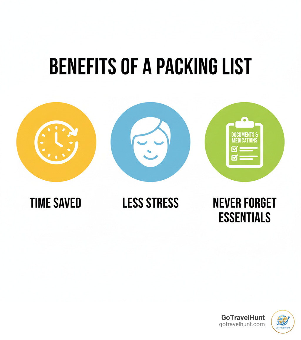 infographic showing three key benefits of using a packing list: a clock icon representing time saved through organized preparation, a calm face icon showing reduced pre-trip stress and anxiety, and a checklist icon preventing forgotten essential items like medications and documents - pack this packing list infographic  infographic showing three key benefits of using a packing list: a clock icon representing time saved through organized preparation, a calm face icon showing reduced pre-trip stress and anxiety, and a checklist icon preventing forgotten essential items like medications and documents - pack this packing list infographic
