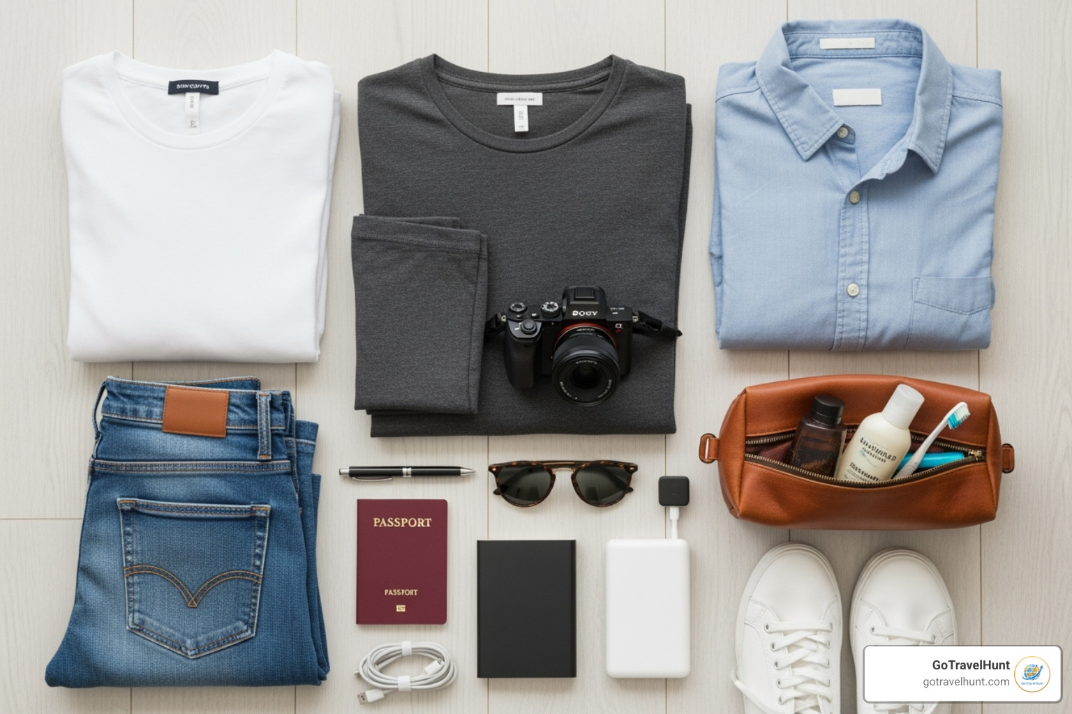 travel essentials laid out on a floor in a flat lay style, including clothes, a camera, and a toiletry bag - pack this packing list travel essentials laid out on a floor in a flat lay style, including clothes, a camera, and a toiletry bag - pack this packing list
