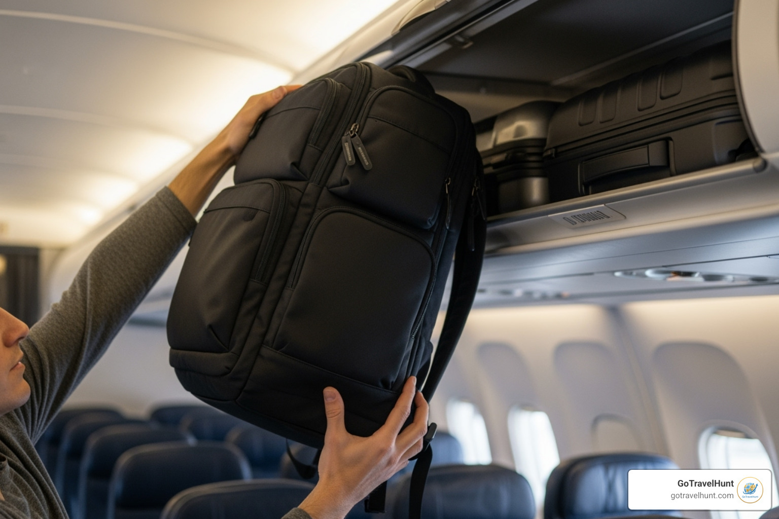 person placing a well-organized carry-on backpack into an airplane's overhead bin - pack this packing list person placing a well-organized carry-on backpack into an airplane's overhead bin - pack this packing list