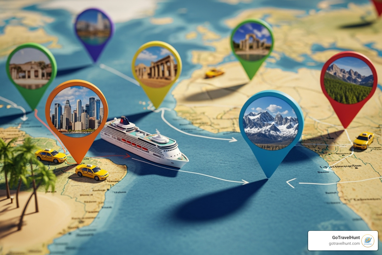 world map with pins in various locations like a city, a cruise ship, and a mountain - pack this packing list world map with pins in various locations like a city, a cruise ship, and a mountain - pack this packing list