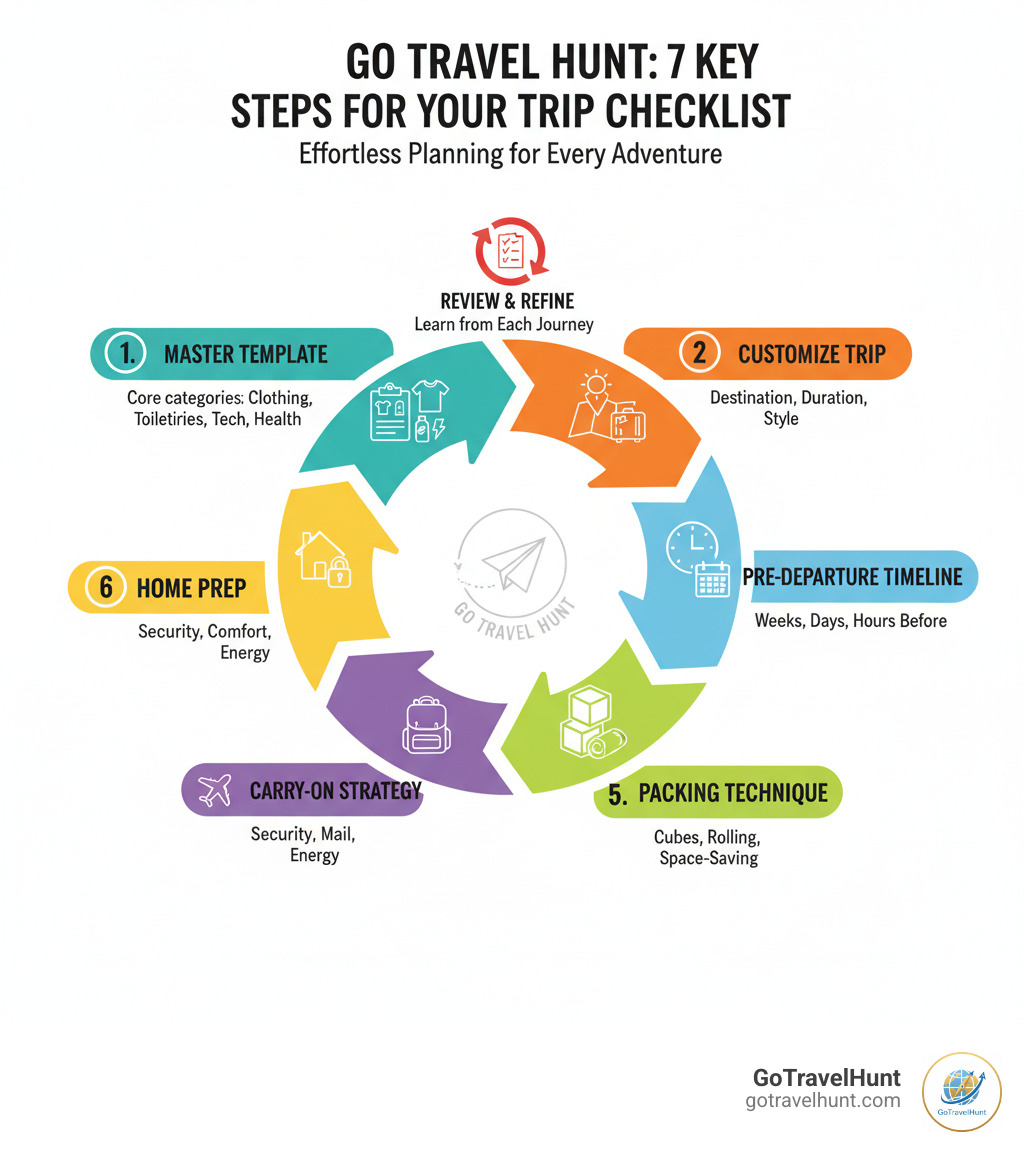 infographic showing 7 key steps for creating a trip checklist: 1) Start with a master template covering core categories like clothing, toiletries, health items, and electronics; 2) Customize for your specific destination, duration, and travel style; 3) Create a pre-departure timeline with tasks organized by weeks, days, and hours before departure; 4) Perfect your packing technique using cubes, rolling methods, and space-saving strategies; 5) Strategize your carry-on bag with essentials for luggage delays and in-flight comfort; 6) Prepare your home with security measures, mail holding, and energy conservation; 7) Review and refine your list after each trip to make future packing even easier - trip preparation list infographic  infographic showing 7 key steps for creating a trip checklist: 1) Start with a master template covering core categories like clothing, toiletries, health items, and electronics; 2) Customize for your specific destination, duration, and travel style; 3) Create a pre-departure timeline with tasks organized by weeks, days, and hours before departure; 4) Perfect your packing technique using cubes, rolling methods, and space-saving strategies; 5) Strategize your carry-on bag with essentials for luggage delays and in-flight comfort; 6) Prepare your home with security measures, mail holding, and energy conservation; 7) Review and refine your list after each trip to make future packing even easier - trip preparation list infographic